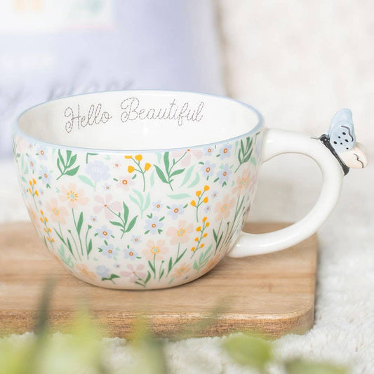 Hello Beautiful Ditsy Floral Print Mug with Butterfly -birthday gift, mothers day gift