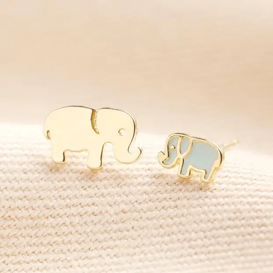 Mum and Baby Elephant Stud Earrings in Gold