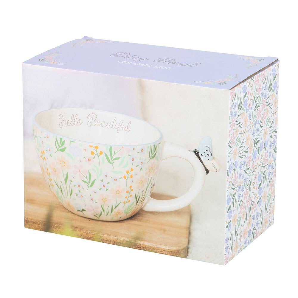 Hello Beautiful Ditsy Floral Print Mug with Butterfly -birthday gift, mothers day gift