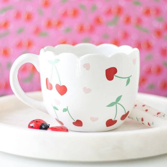 Scalloped Cherry Heart Valentine's Day Mug -birthday gift, mothers day gift