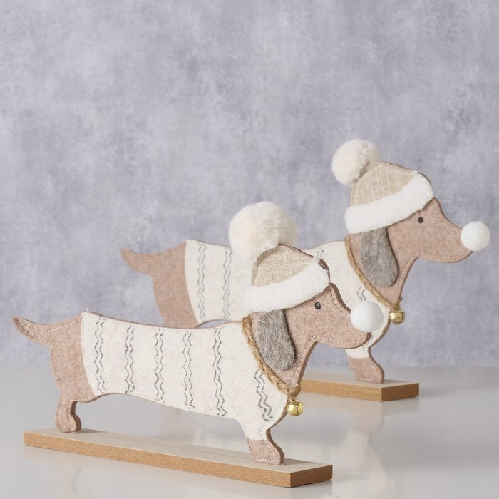 Wooden winter Sausage dog standing decoration. 2 sizes