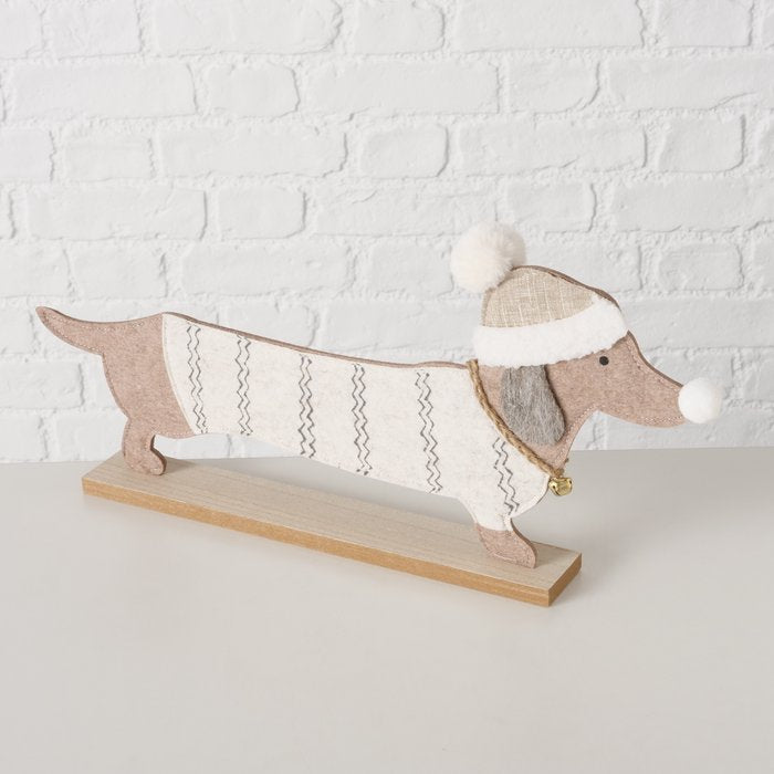 Wooden winter Sausage dog standing decoration. 2 sizes