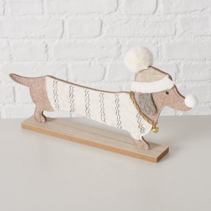 Wooden winter Sausage dog standing decoration. 2 sizes