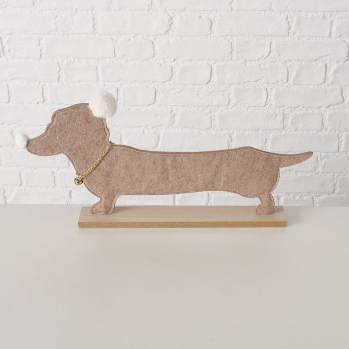 Wooden winter Sausage dog standing decoration. 2 sizes