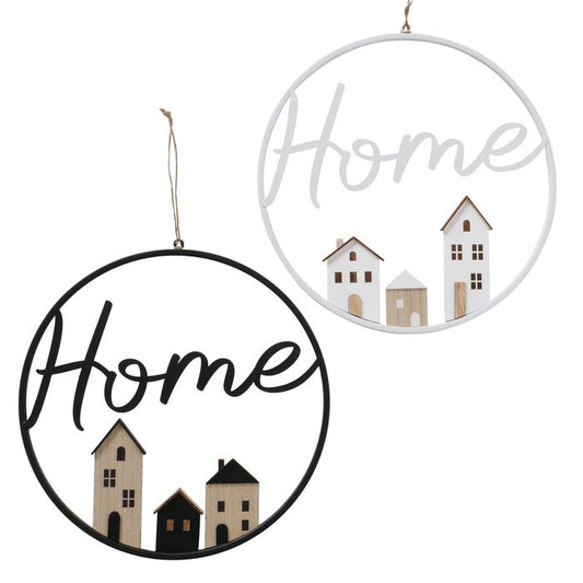 Circular home hanging wreath decoration in either black or white