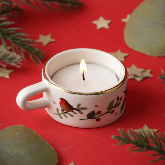 Deck the Halls Mini Ceramic Robin Design Tealight Holder