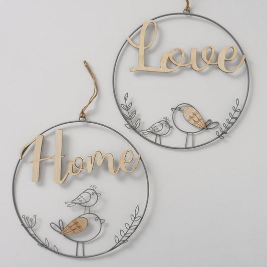 Wire and wood circular wreath with bird motif. 2 slogans home and love