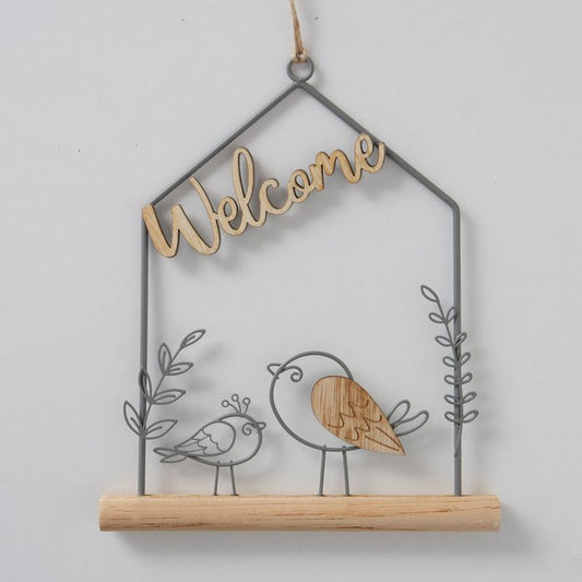 Welcome wire and wood birdie hanging pendants