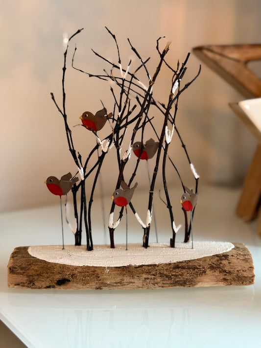 Shoeless Joe Christmas decoration - Flock of Robins in snowy twigs