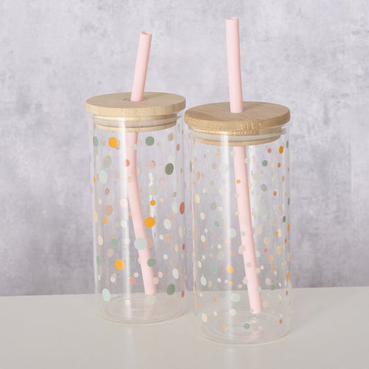 Polka dot glass tumbler with straw