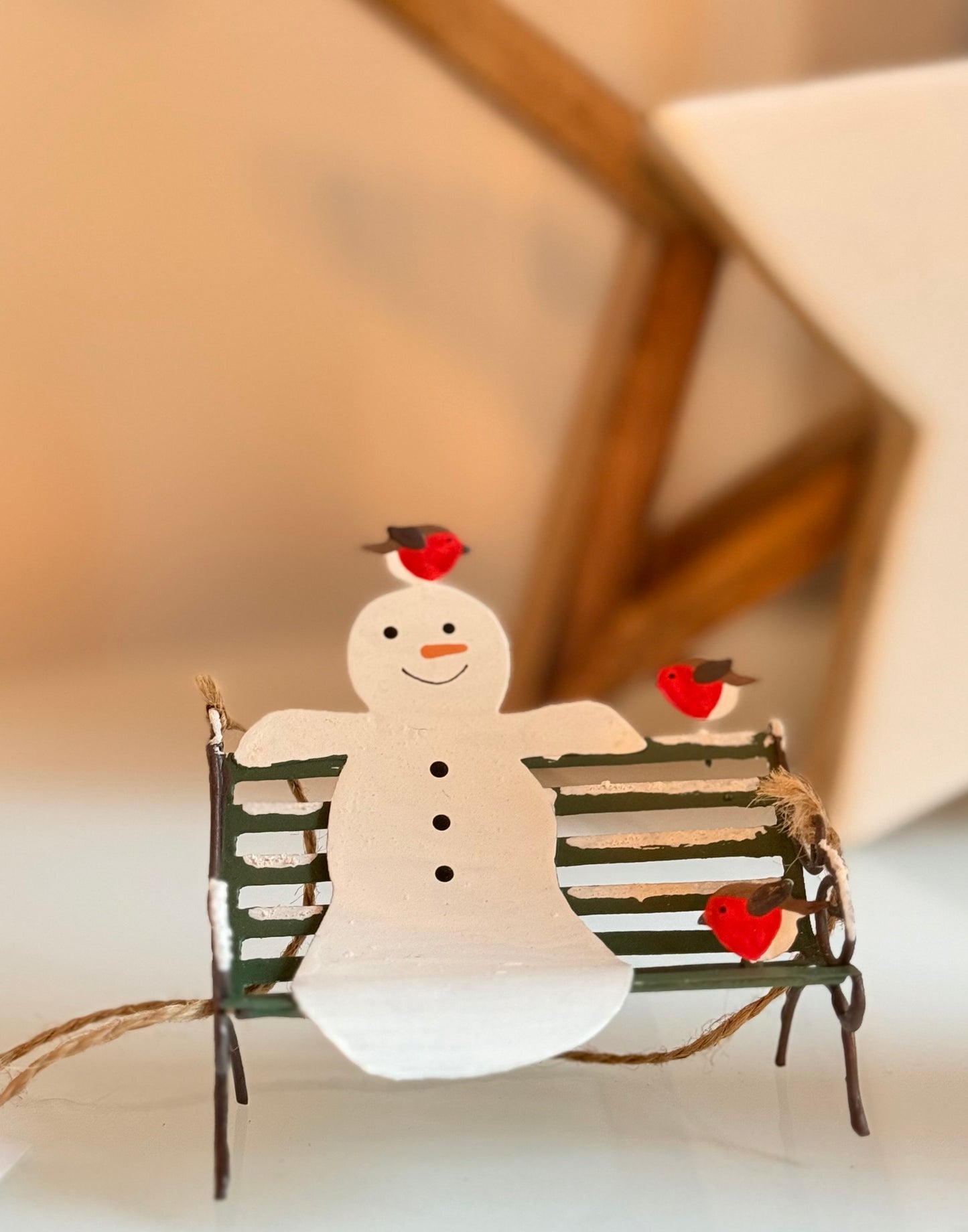 Snowman on Park Bench hanging decoration by Shoeless Joe