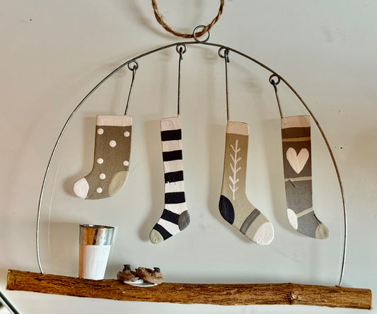 Four Neutral Christmas Stockings hanging decoration by Shoeless Joe