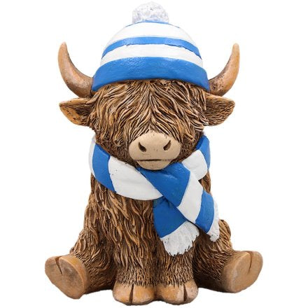 Scottish gift - Highland Cow Wearing Blue & White Scarf and Hat