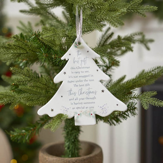 XMAS TREE SHAPED HANGER WHITE CERAMIC WITH SILVER STARS & QUOTE