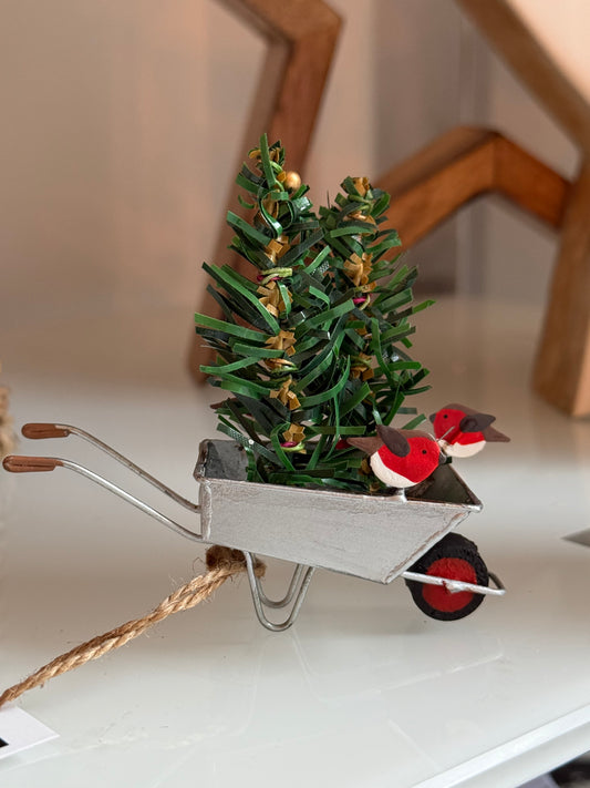 Robins on a wheel barrow standing ornament