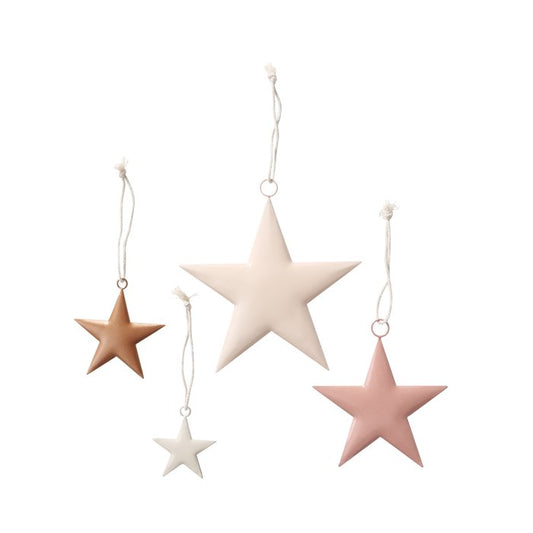 Set of 4 enamelled natural tin hanging stars