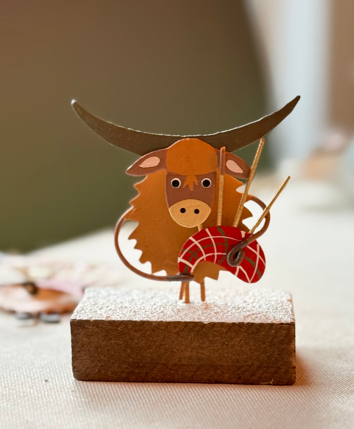 Scottish gift - Highland cow with bagpipes - hanging or standing block