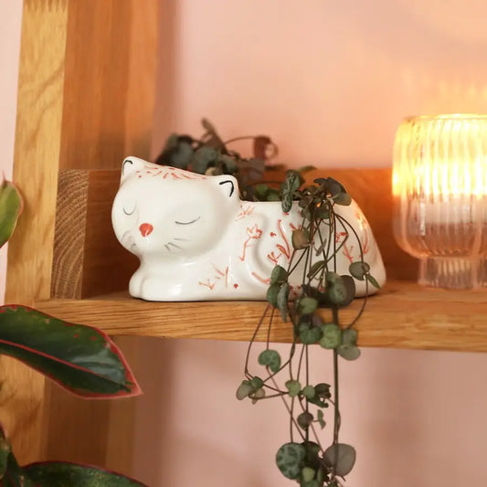 Pink and White Floral Sleeping Cat Planter