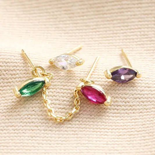 Set of 3 Colourful Crystal Chain Stud Earrings