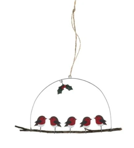 Shoeless Joe Five Robins on Perch Christmas hanging decoration