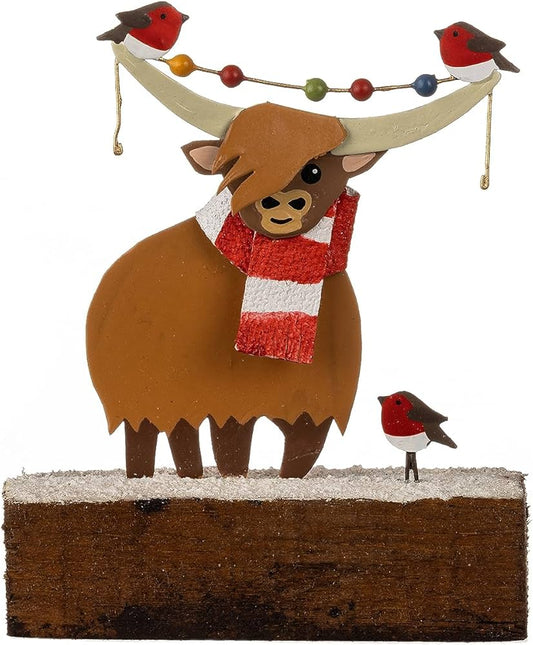 Shoeless Joe Highland Cow with Robins On Wooden Block Christmas Decoration