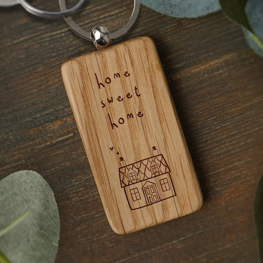 Home sweet home oak wooden keyring