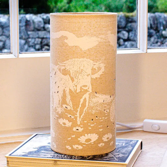 Scottish gift/ homeware.  Highland Cow | Fabric Lamp | Cylinder | 25cm