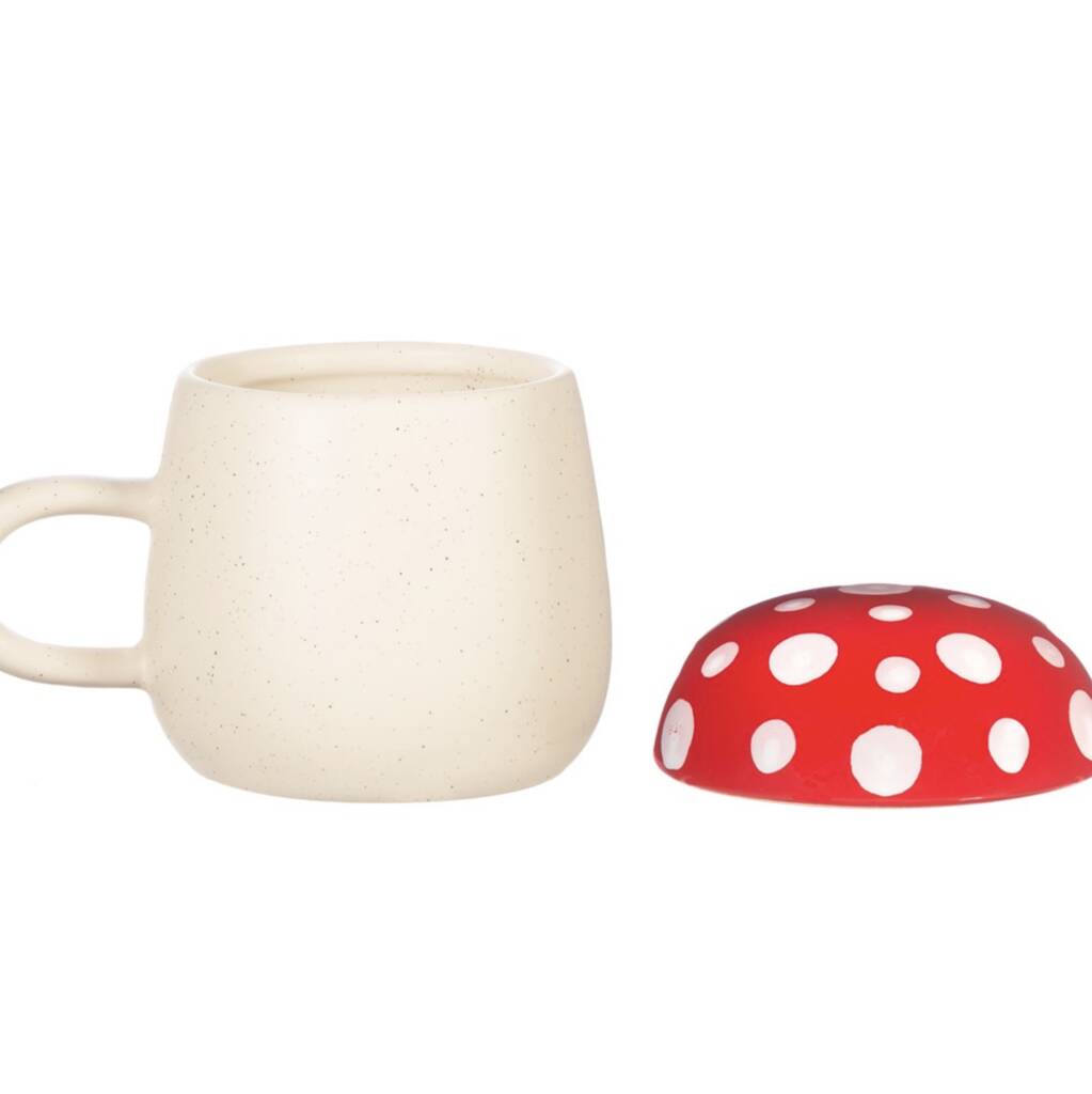 Red & cream mushroom mug with lid