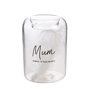 Glass Tea Light Holder With Feather - Mum 9.8cm