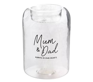 Glass Tea Light Holder With Feather - Mum & Dad