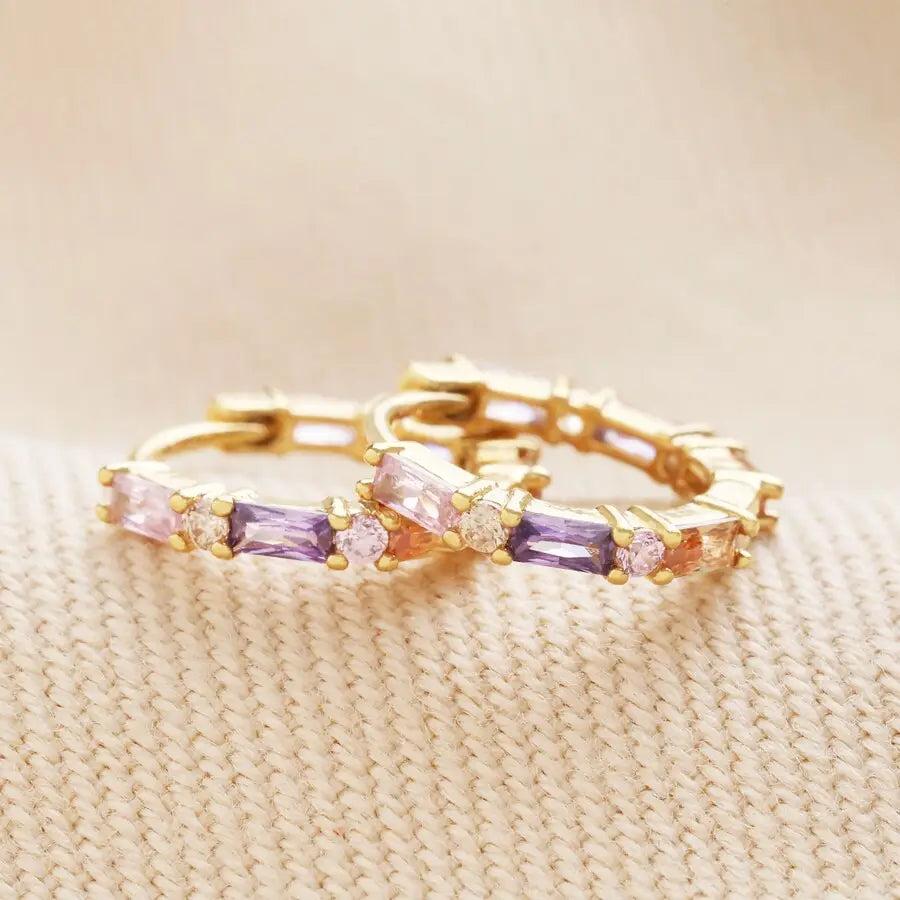 Pastel Baguette Crystal Huggie Hoop Earrings in Gold