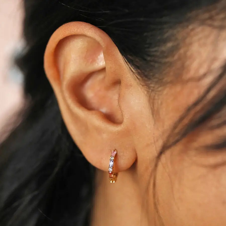 Pastel Baguette Crystal Huggie Hoop Earrings in Gold