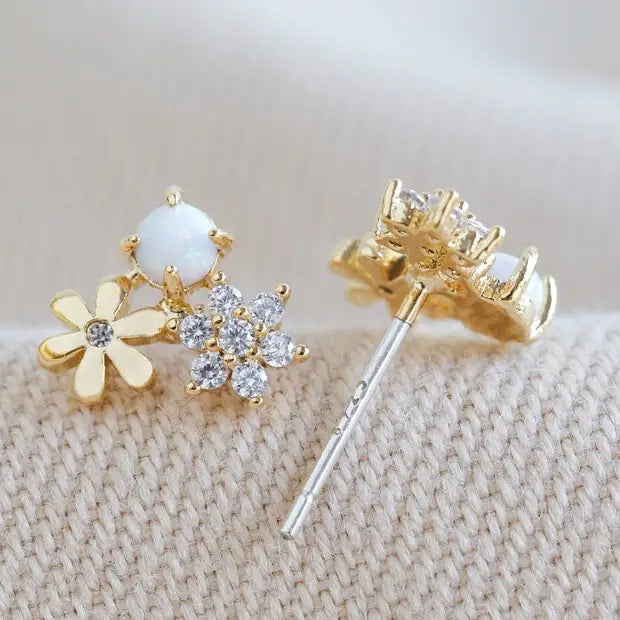 Double Flower Stud Earrings with Opal in Gold