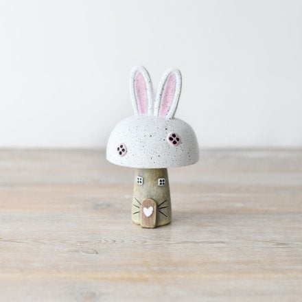 Wooden Rabbit Mushroom House Decoration 13cm