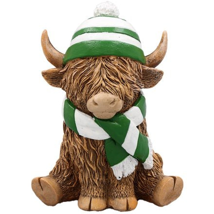 Highland cow ornament with green stripped hat and scarf. Scottish gift