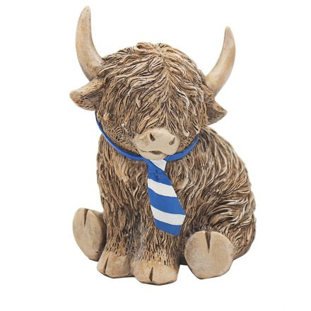 Scottish gift - Happy Highland Cow - Blue Tie Ornament