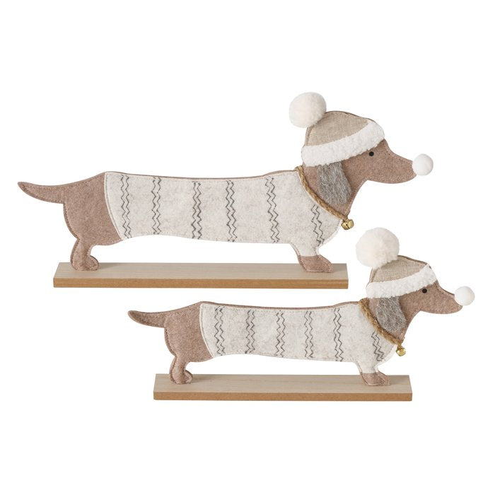 Wooden winter Sausage dog standing decoration. 2 sizes