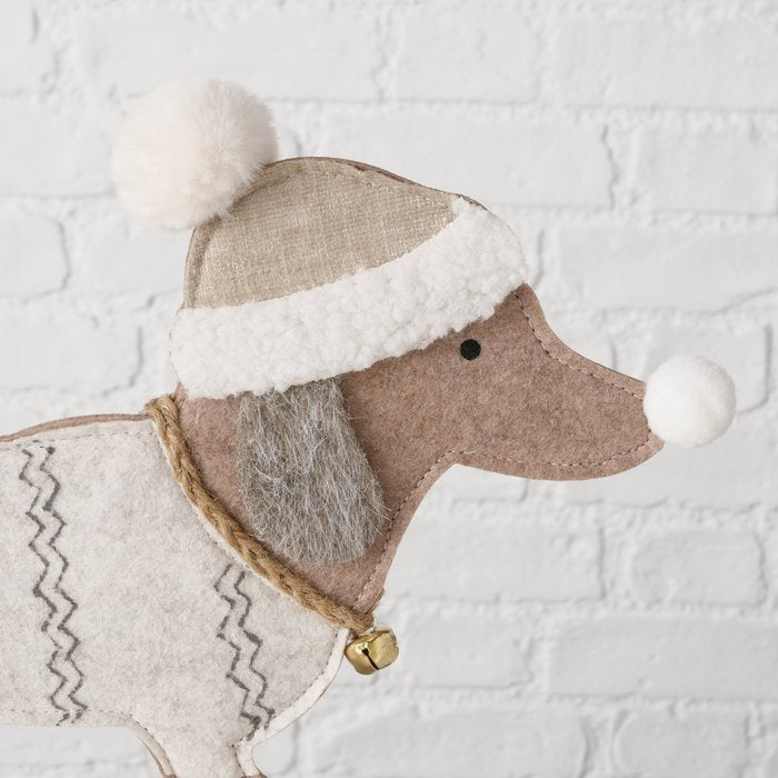 Wooden winter Sausage dog standing decoration. 2 sizes