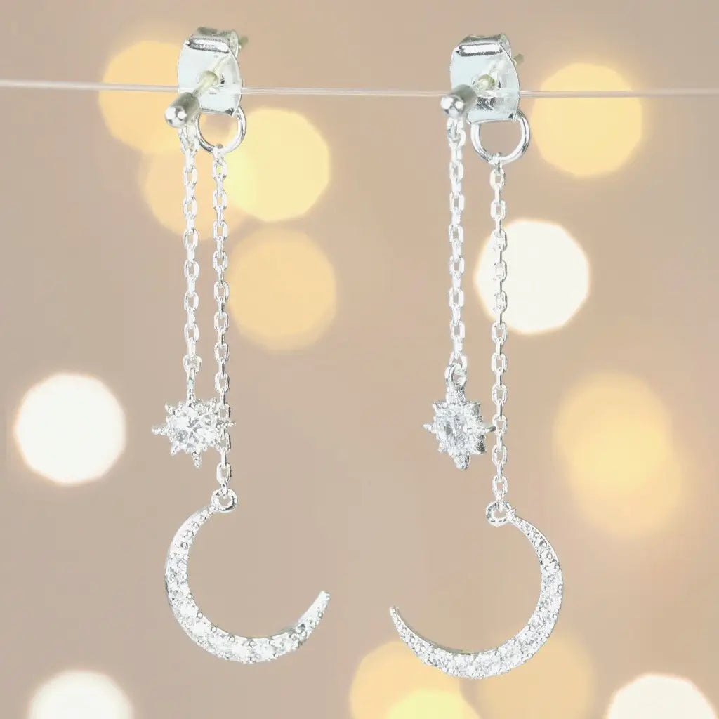 Crystal Star and Moon Double Drop Earrings in Silver