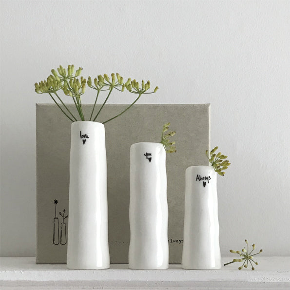 East of India trio of vases - boxed. Love you always