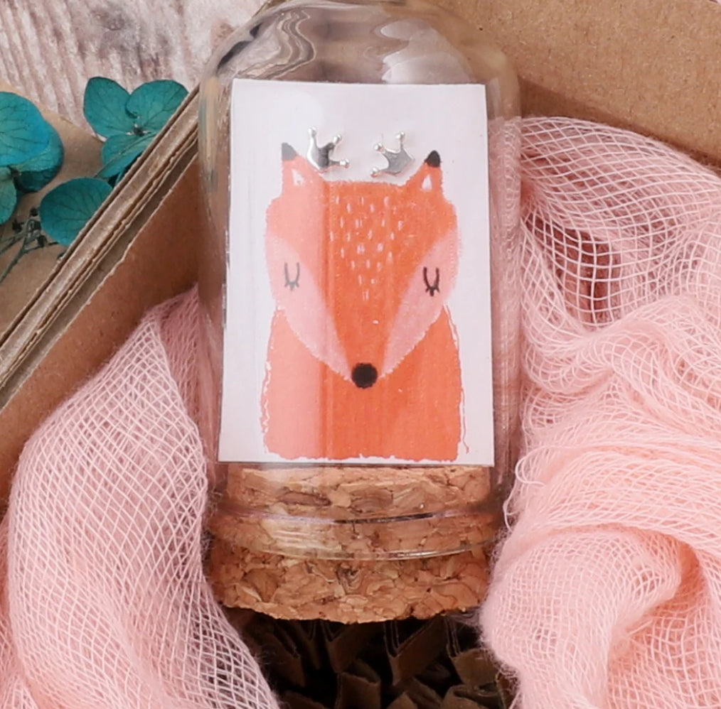 Fox with crown earrings In a message bottle