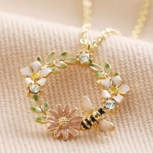 Crystal Flower and Bee Droplet Necklace