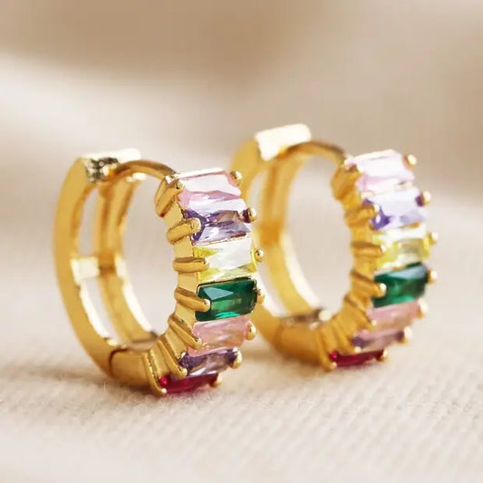 Pink and Green Baguette Crystal Huggie Hoop Earrings