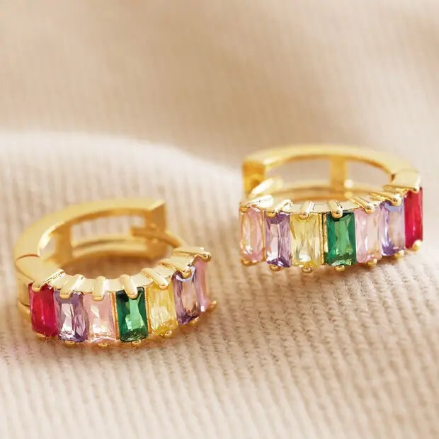 Pink and Green Baguette Crystal Huggie Hoop Earrings