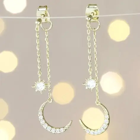 Crystal Star and Moon Double Drop Earrings in Gold