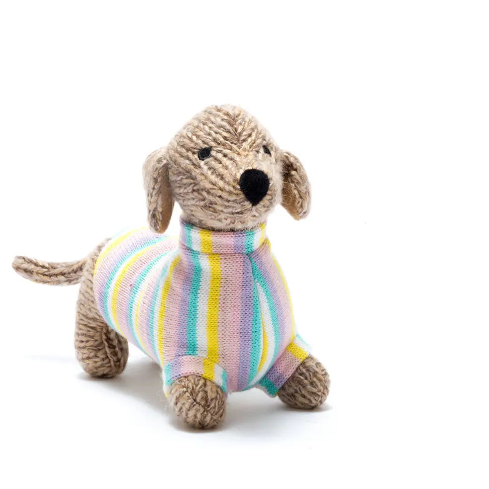 Knitted Sausage Dog Plush Toy with Pastel Jumper