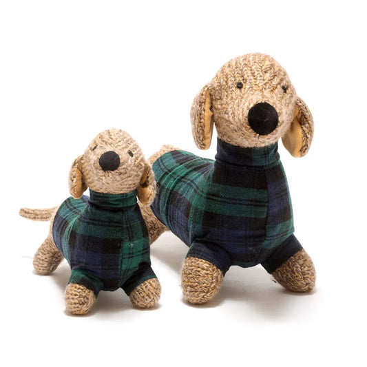 Knitted Sausage Dog Plush Toy with Tartan Jumper