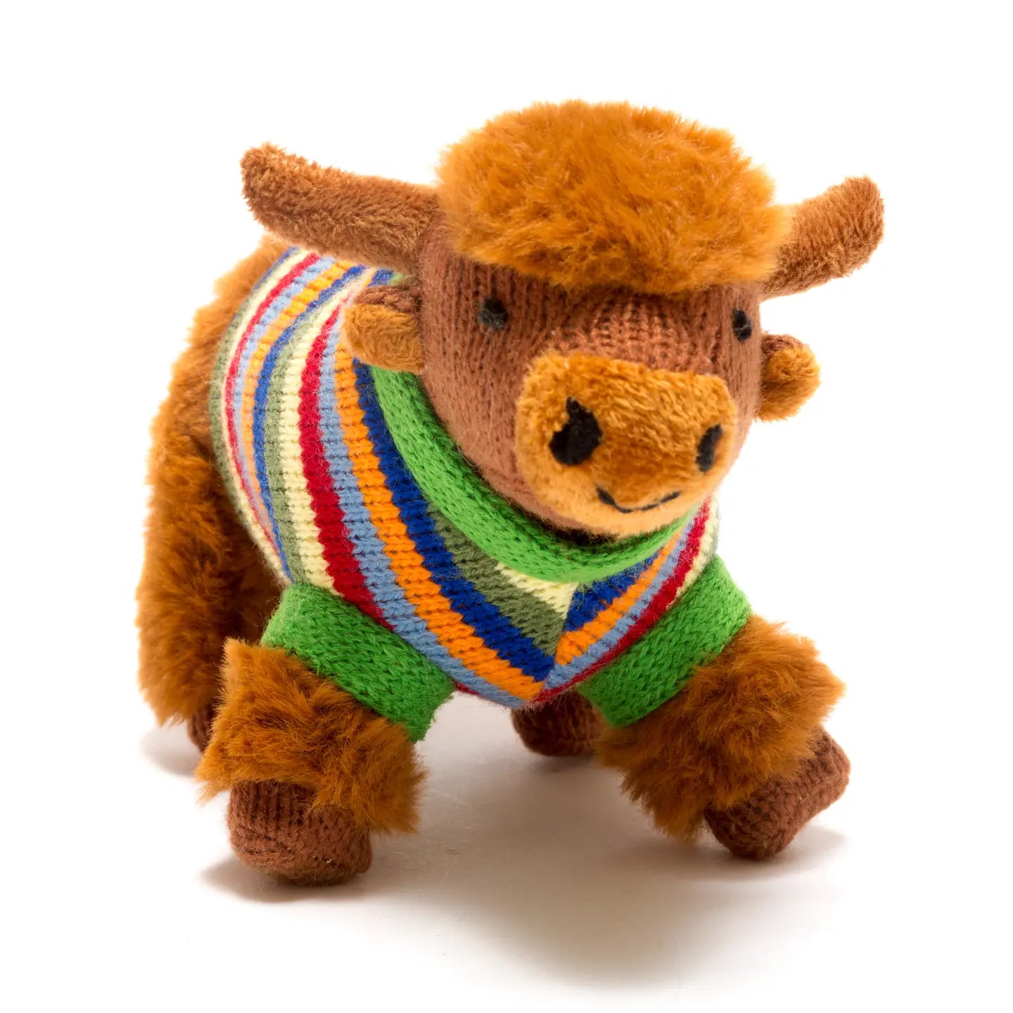 Knitted Highland Cow Plush Toy in Stripe Jumper