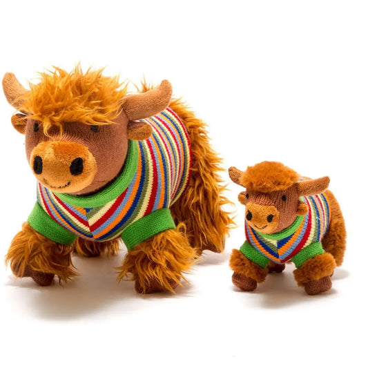 Knitted Highland Cow Baby Rattle with Stripe Jumper