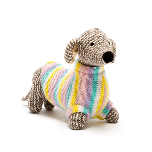 Knitted Sausage Dog Baby Rattle in Pastel Jumper